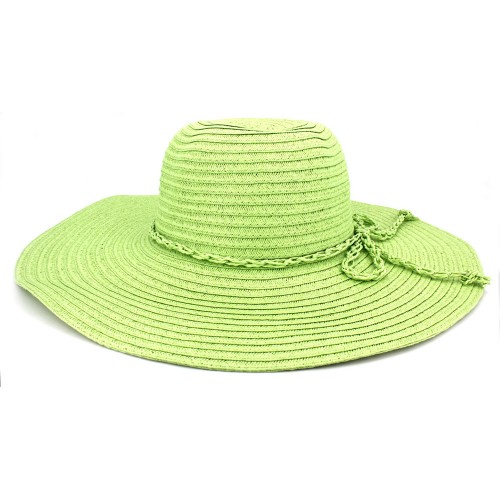 Wide Brim Hat - Straw Hat- Paper Straw Hat w/ Lace Band - Lime - HT-ST1160LM